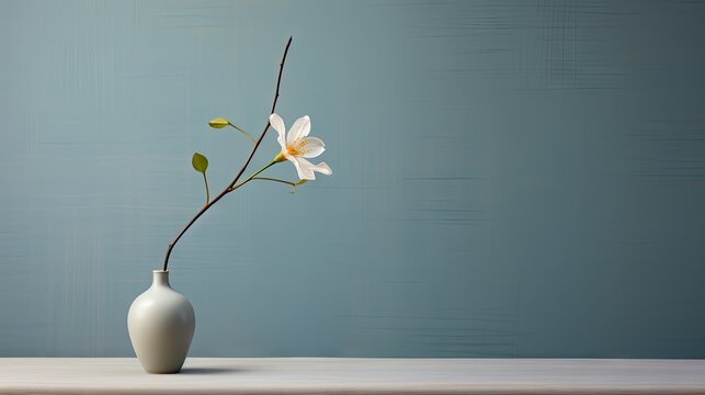  a white vase with a white flower in it sitting on a table with a blue wall in the back ground.  generative ai