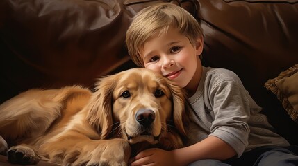 a cute little child and their Golden Retriever sharing a heartwarming moment on a cozy sofa at home.
