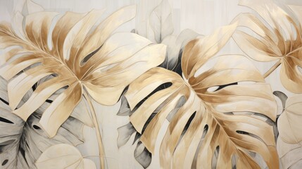  a close up of a painting of a plant with leaves on a white and beige background with a black border.  generative ai