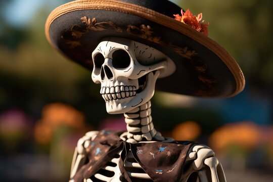  Mexican skeleton in traditional hat and jacket for celebration of festival Dia de los muertos, Day of the dead