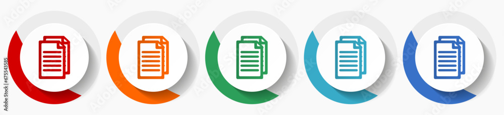 Poster Document, file, copy vector icon set, flat design colorful round icons in 5 color options for webdesign and mobile applications