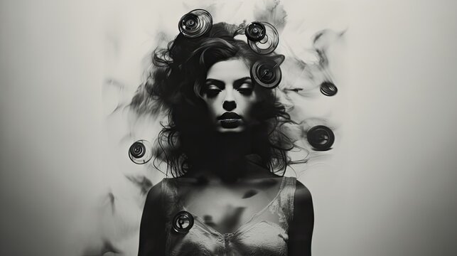  a black and white photo of a woman's face surrounded by circles of circles and circles on her hair.  generative ai