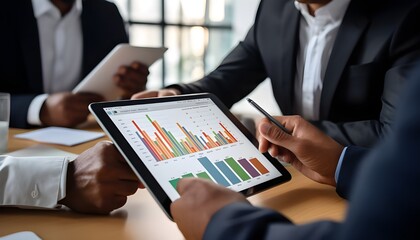 Close-up of 4 businessmen in a meeting, reviewing company statistics and analytics on a digital tablet - obrazy, fototapety, plakaty
