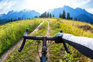 Foto op Plexiglas hands on the handlebars of a bicycle of a cyclist riding along a trail in nature. Point of view © photosaint