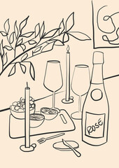 Sketch style illustration of a dinner table with candles, fruits and wine. Printable minimalist sketch to decorate.