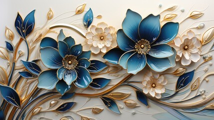  a painting of blue flowers and gold leaves on a white background with gold and blue leaves on the bottom of the painting.  generative ai