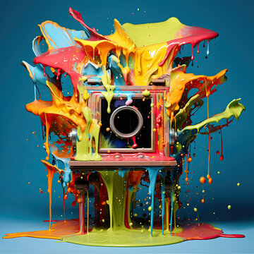 Colorful Paint Explosion on Vintage Camera Against Blue Backdrop