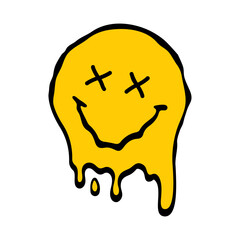 Distorted melting smiling face smiley emoji illustration print with slogan for graphic tee t-shirt or sticker poster