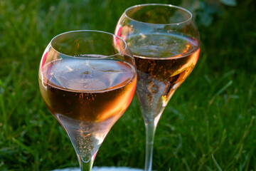 Picnic on green grass with rose champagne sparkling wine or cava, cremant produced by traditional method in underground caves in Champagne region, France