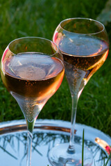 Picnic on green grass with rose champagne sparkling wine or cava, cremant produced by traditional method in underground caves in Champagne region, France