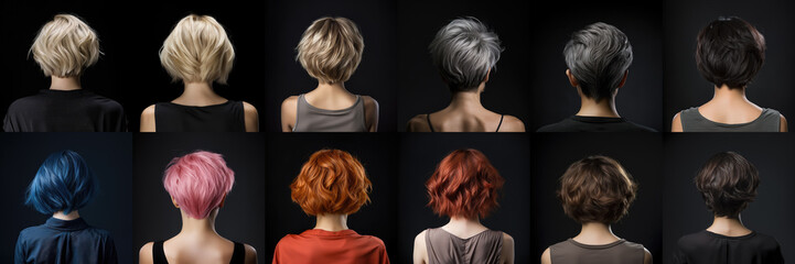 Obraz premium Short hair haircut for woman with different hair colour. View from behind on black background. Generative AI