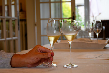 Tasting of grand cru sparkling white wine with bubbles champagne in old champagne house in grand cru wine producer small village Ambonnay, Champagne, France