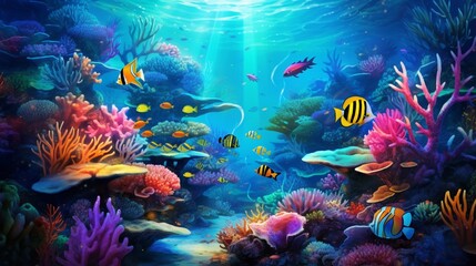 Fototapeta na wymiar A vibrant coral reef teeming with colorful fish, swaying gently in the clear, turquoise waters.