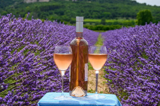 Summer in French Provence, cold gris rose wine from Cotes de Provence and blossoming colorful lavender fields on Valensole plateau, tastes and aromas of Provence, France