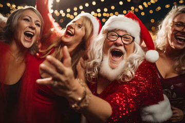 Funny Santa having fun with santa dressed mature women at a Christmas party