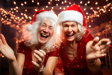 Funny mature women dressed as Santa having at a Christmas party