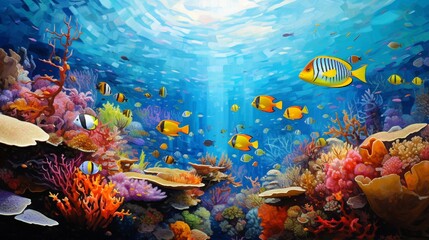 Fototapeta na wymiar A vibrant coral reef teeming with colorful fish, swaying gently in the clear, turquoise waters.