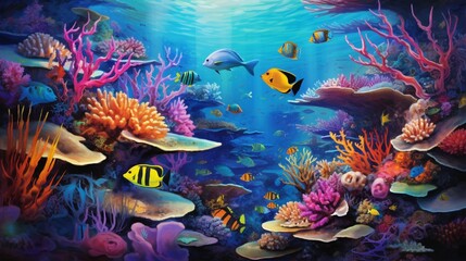 A vibrant coral reef teeming with colorful fish, swaying gently in the clear, turquoise waters.