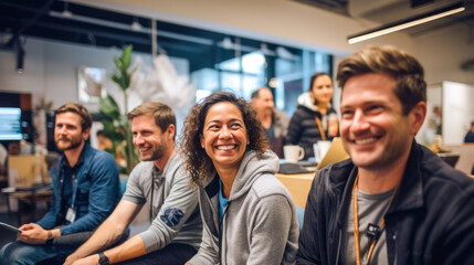 Candid photo of a diverse team of co-workers brainstorming product design