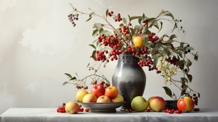 Obraz na płótnie Canvas a table topped with a bowl of fruit next to a vase filled with berries and oranges on top of a white table cloth. generative ai