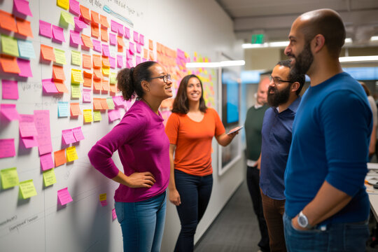 Candid photo of a diverse team of co-workers brainstorming product design