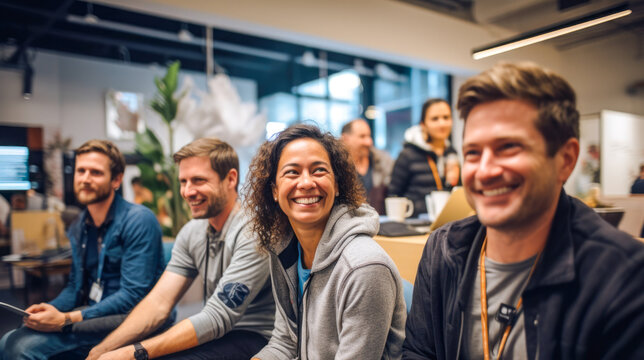 Candid photo of a diverse team of co-workers brainstorming product design