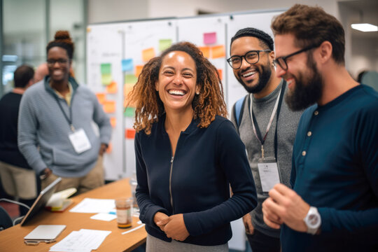 Candid photo of a diverse team of co-workers brainstorming product design