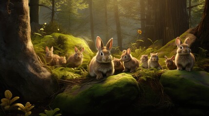  a group of rabbits sitting on top of a moss covered ground next to a forest filled with lots of trees.  generative ai