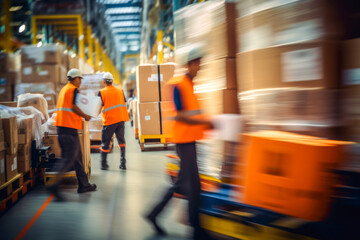Blurred image of warehouse employees in action moving with cardboard boxes in the background