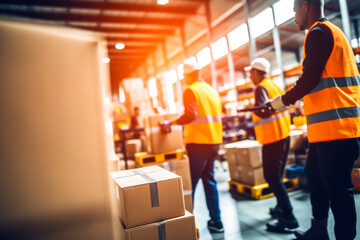 Blurred image of warehouse employees in action moving with cardboard boxes in the background