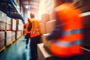 Blurred image of warehouse employees in action moving with cardboard boxes in the background