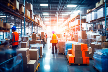 Blurred image of warehouse employees in action moving with cardboard boxes in the background