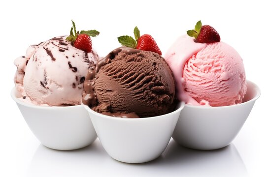 three bowls of ice cream with strawberries and chocolate on top