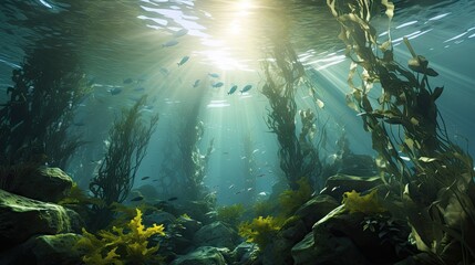  a group of fish swimming in a large body of water next to a bunch of plants and plants growing on the bottom of the water.  generative ai