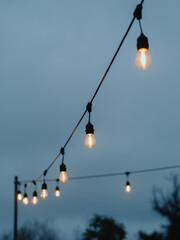 Obraz premium Vertical directly below shot capturing two strings of light bulbs against the backdrop of a grey, cloudy dusk sky. November in Warsaw, Poland.