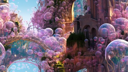  a bunch of bubbles floating in the air next to a bridge and a building with a clock on top of it.  generative ai