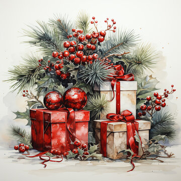 christmas decoration with gift boxes in watercolor painting style