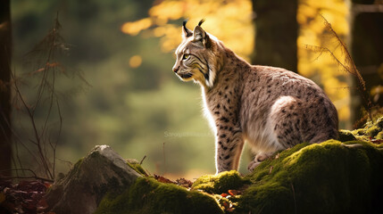 Obraz premium gorgeous lynx sitting at the ground of a tree in a idyllic autumn forest