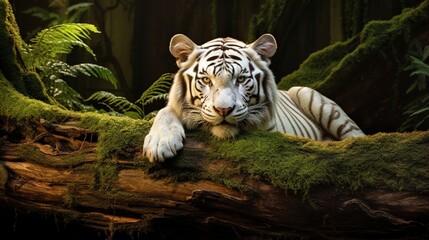 A White Bengal tiger lying on a moss-covered log, its eyes gleaming with a sense of mystery.