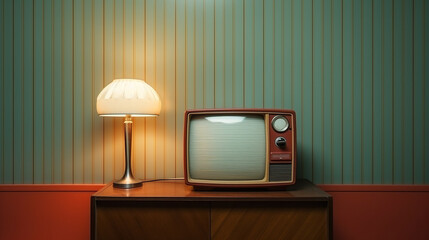 old retro TV and vintage electric lamp by wall, television set and old-fashioned furniture