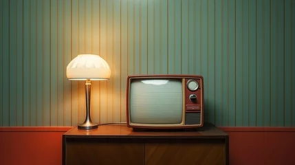 Fototapeten old retro TV and vintage electric lamp by wall, television set and old-fashioned furniture © goami