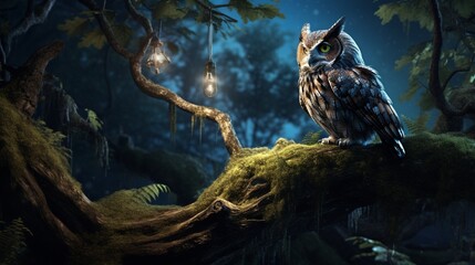 A wise old owl perched on a moss-covered branch in a mystical, moonlit forest.