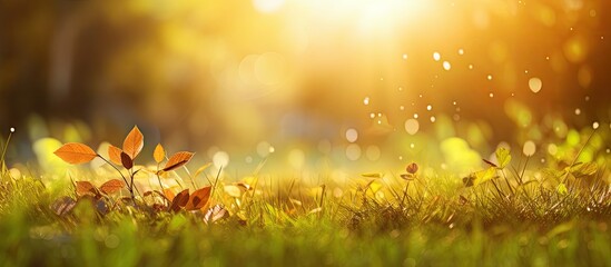 In the vintage landscape the summer sun bathes the green grass in a warm golden light creating a breathtaking bokeh effect against the autumn backdrop of colorful plants and a serene natura