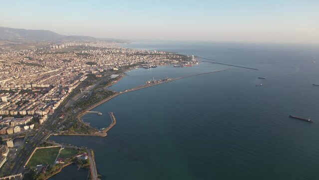 Aerial harbor and park in Samsun city center 4K