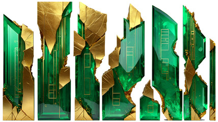 A group of vertical slabs of chaotic shape, golden green in color.