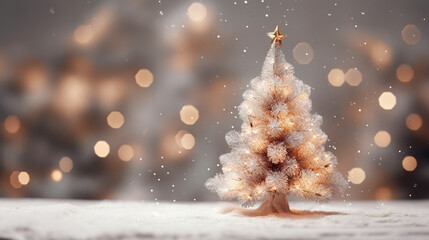 Obraz na płótnie Canvas Miniature White Decorated Christmas Tree with Glowing Lights Background Against a Bright Cream Textured Backdrop - Faux Snowflakes Falling Effect with Copy Space - Xmas Concept