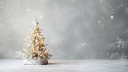 Miniature White Decorated Christmas Tree with Glowing Lights Background Against a Bright Cream Textured Backdrop - Faux Snowflakes Falling Effect with Copy Space - Xmas Concept