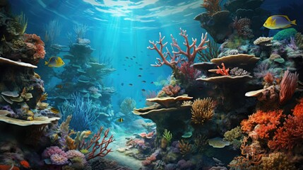 a painting of an underwater scene with corals, fish, and sponges of coral on the bottom of the water.  generative ai