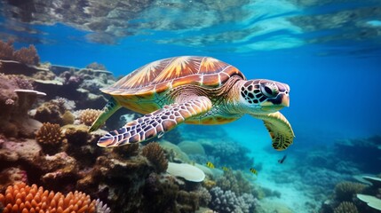 A wise-looking sea turtle gliding gracefully through the crystal-clear waters of a coral reef.