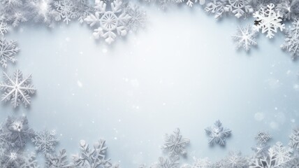 a delicate frame made of snowflakes in pastel gray tones, evoke a winter concept and be presented in a flat lay style with a top view, ample copy space to convey the holiday message.